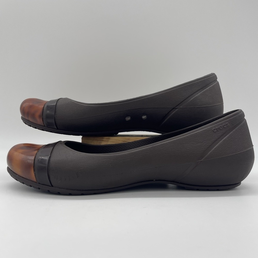 Crocs Womens 9 Shoes Ballarina‎ Flat Brown Tortoiseshell Cap Toe Marble Slip-On